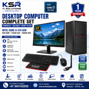 Desktop Computer Complete Set – Intel Core i3 4th Gen / 8GB RAM / 512GB SSD / 500GB HDD / 22″ LED Monitor – 1 Year Warranty