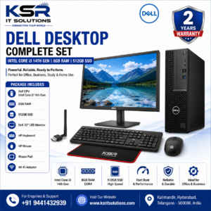 Dell Desktop Computer Complete Set – Intel Core i3 14th Gen / 8GB RAM / 512GB SSD / Dell 22″ LED Monitor / Keyboard & Mouse / Wi-Fi – 2 Years Warranty