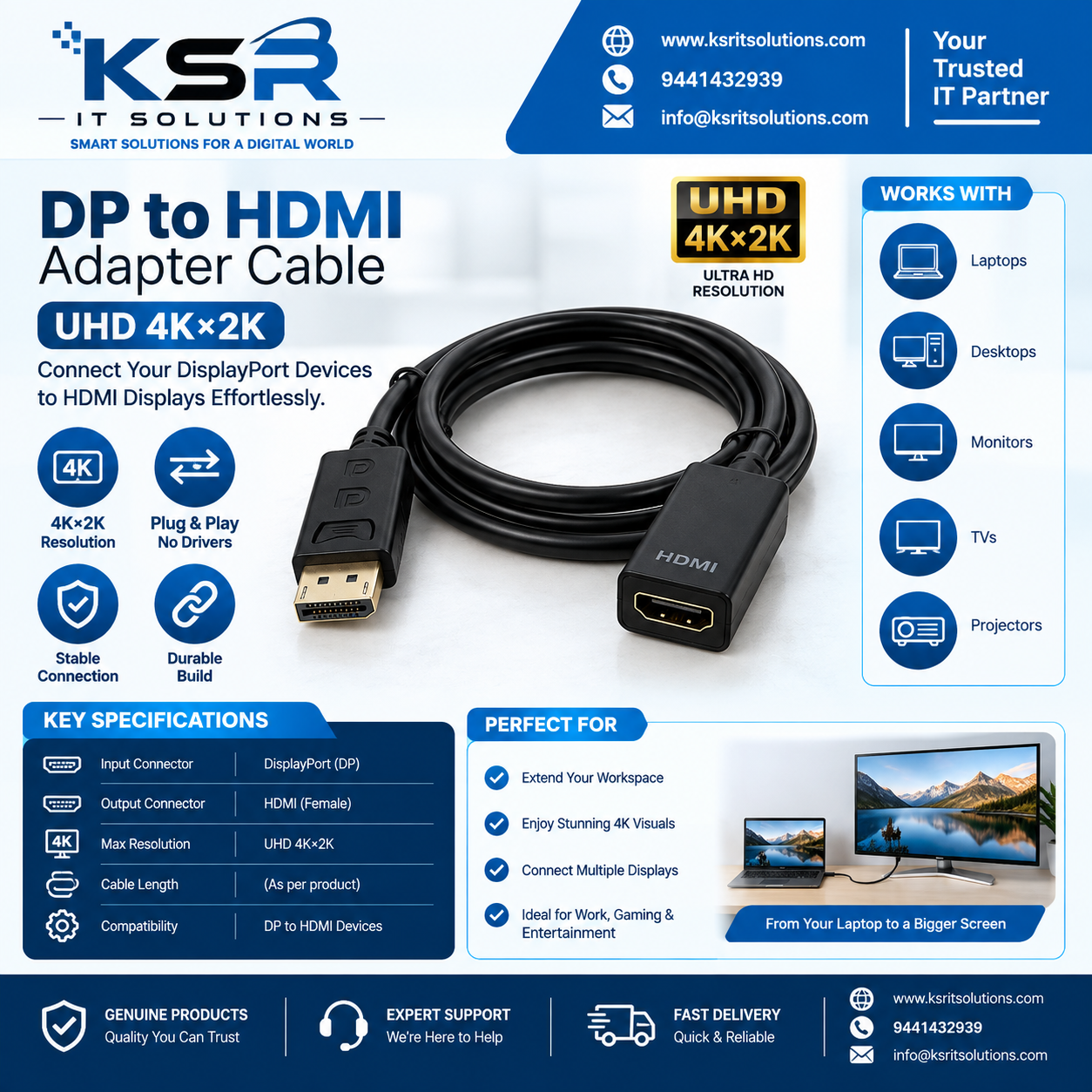 DP to HDMI Adapter Cable – UHD 4K×2K