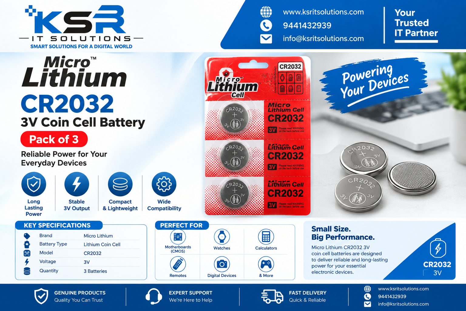 Micro Lithium CR2032 3V Coin Cell Battery – Pack of 3